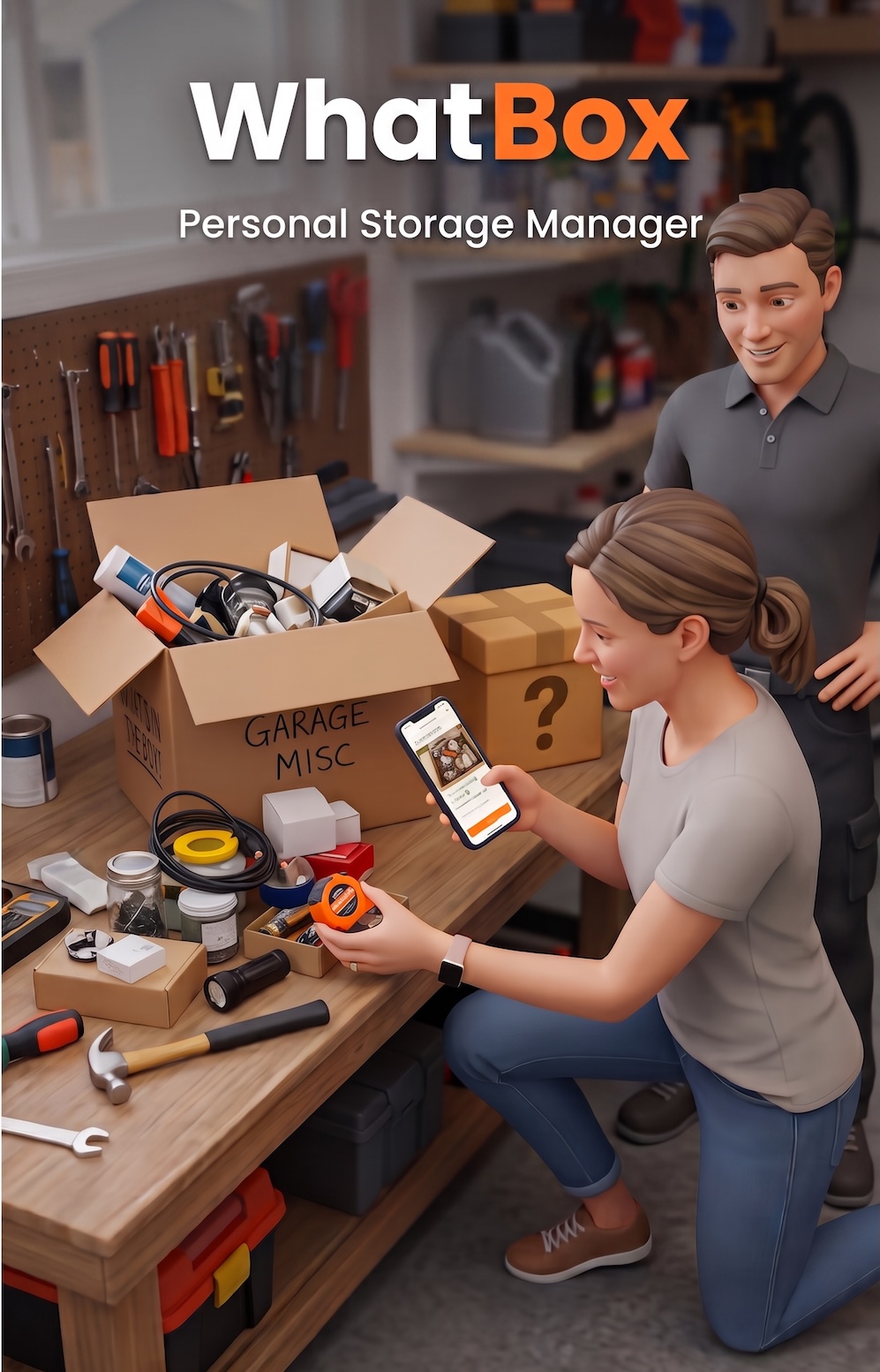 A couple cataloging a garage storage box with the WhatBox app on a phone